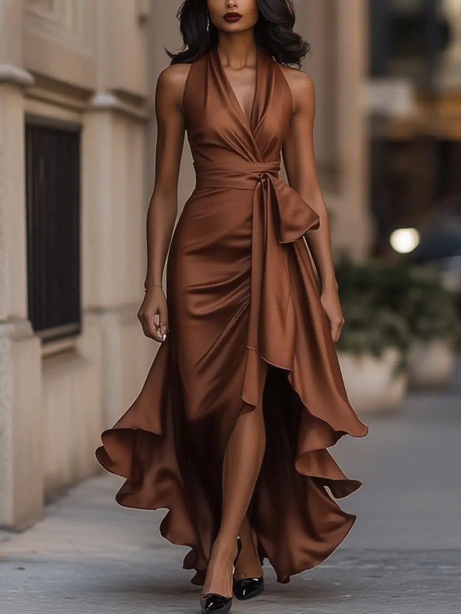 Chic black halter neck party dress for women, a long maxi style for elegant formal occasions.