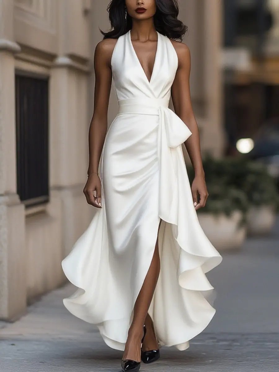 Sophisticated women's formal halter neck maxi dress with an elegant wrap waist, long and flowing.
