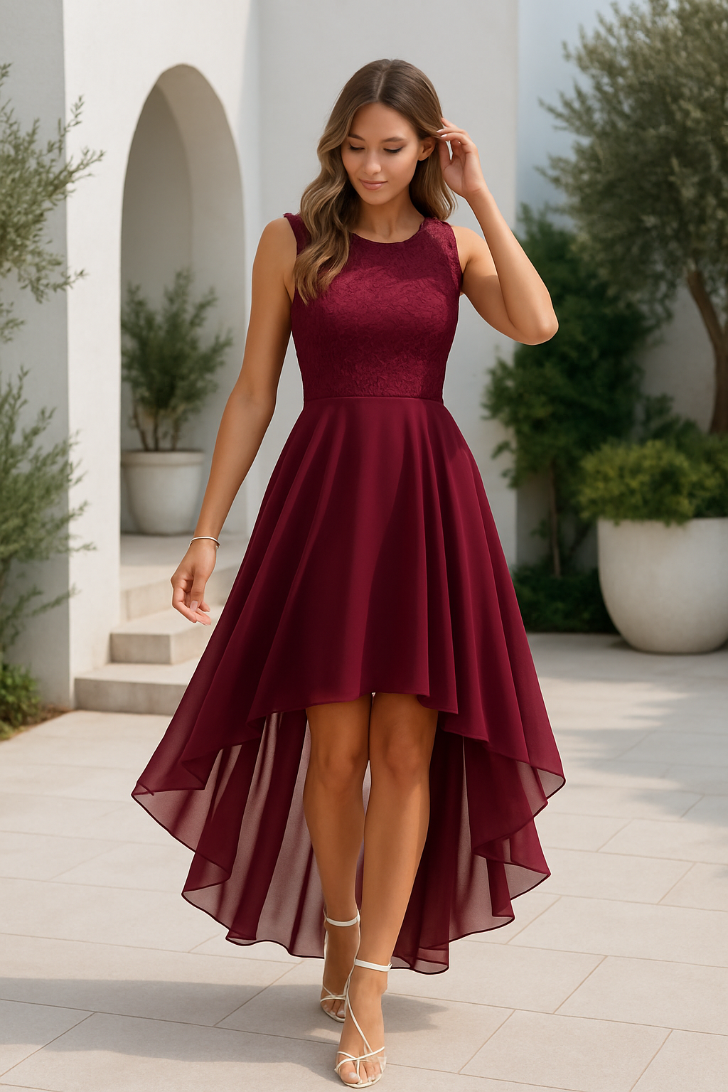 Stylish women's high-low cocktail dress in a flattering silhouette, ideal for wedding guests.