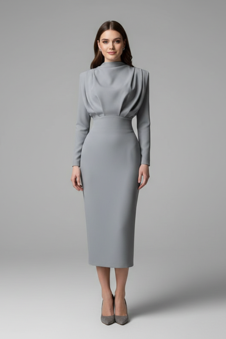 Modest long sleeve high neck maxi dress for women, designed for elegant comfort.