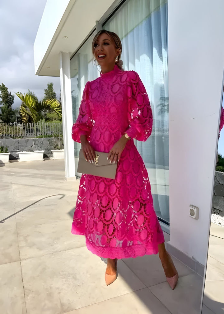 Fashionable women's elegant high-neck maxi dress, designed with flattering puff long sleeves.