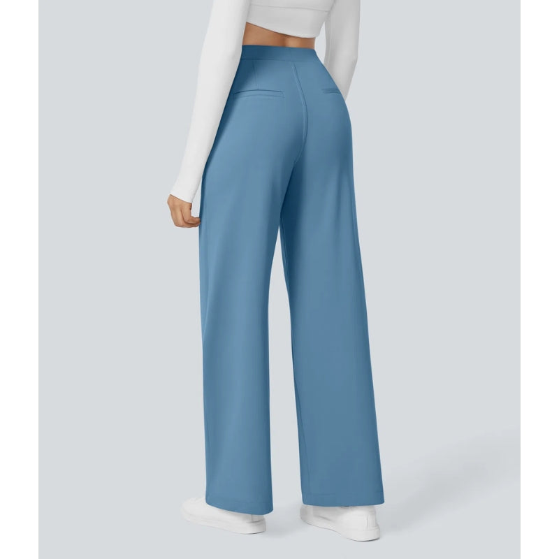 Modern women's tailored wide leg pants with a high waist, suitable for both office and evening wear.