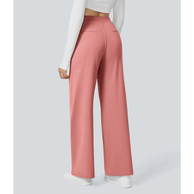 Fashionable women's high waisted wide leg tailored pants in a neutral tone, versatile for office.