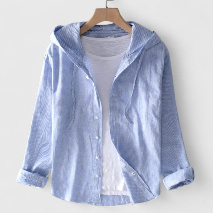 Soft women's elegant hooded blouse. Chic and comfortable top for casual or dressed-up everyday style.