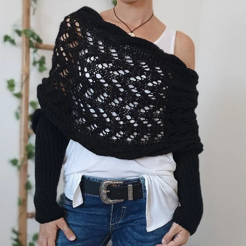 Cozy women's winter accessory: a knitted scarf with sleeves, designed for comfort and style.