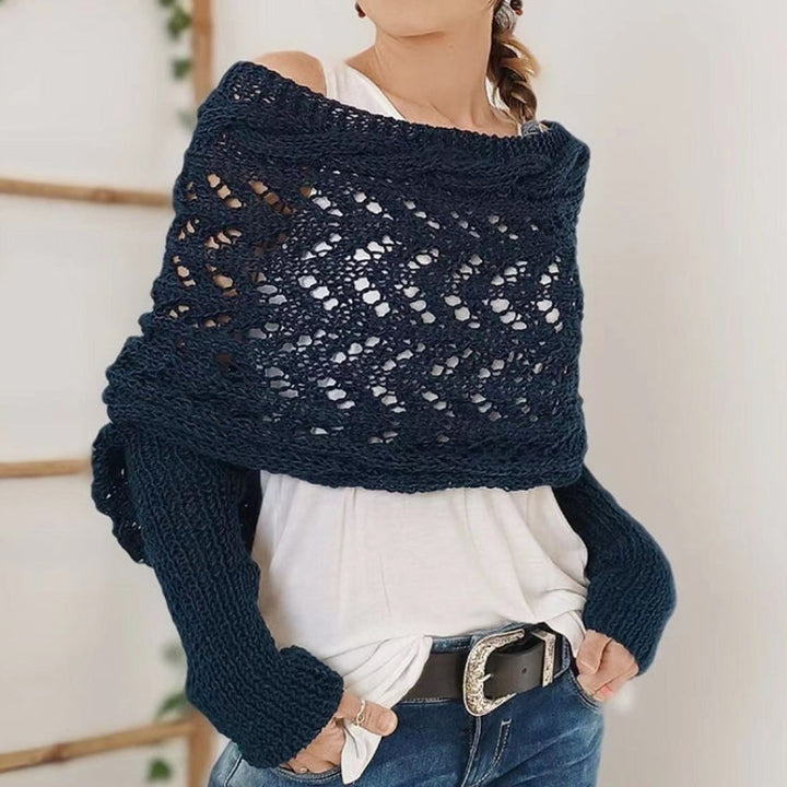 Stylish women's knitted scarf with sleeves, a modern take on a classic winter fashion staple.