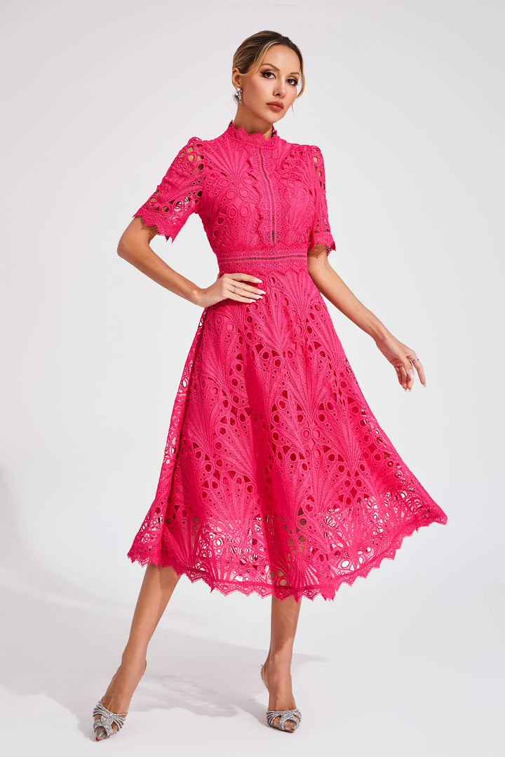 Formal women's scoop neck lace midi dress, perfect for a sophisticated event look.