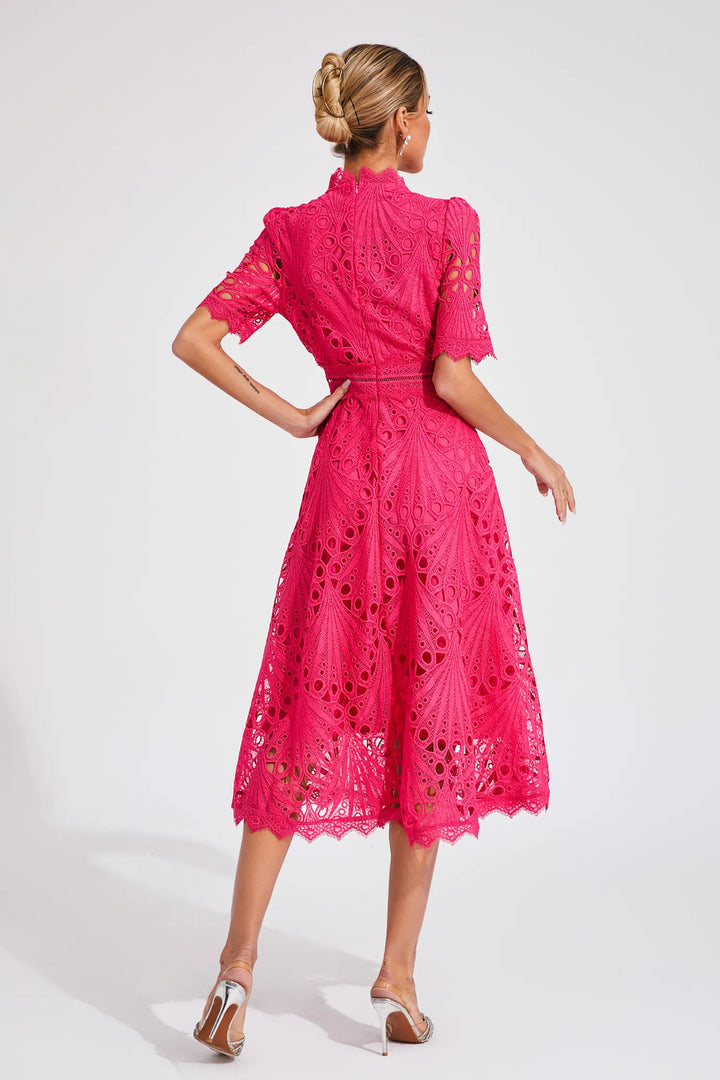 Women's chic lace midi dress for a wedding, party, or any formal spring event.