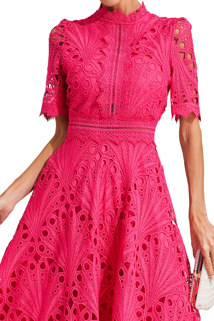 Elegant women's lace midi dress with scoop neck, sophisticated wedding guest attire.