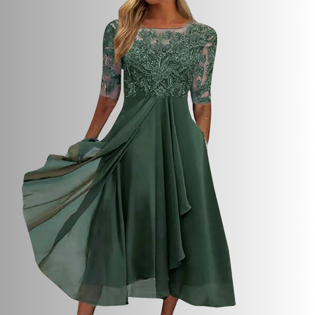 Flattering women's elegant midi dress with lace detailing & comfortable flowing skirt, suited for parties & events.