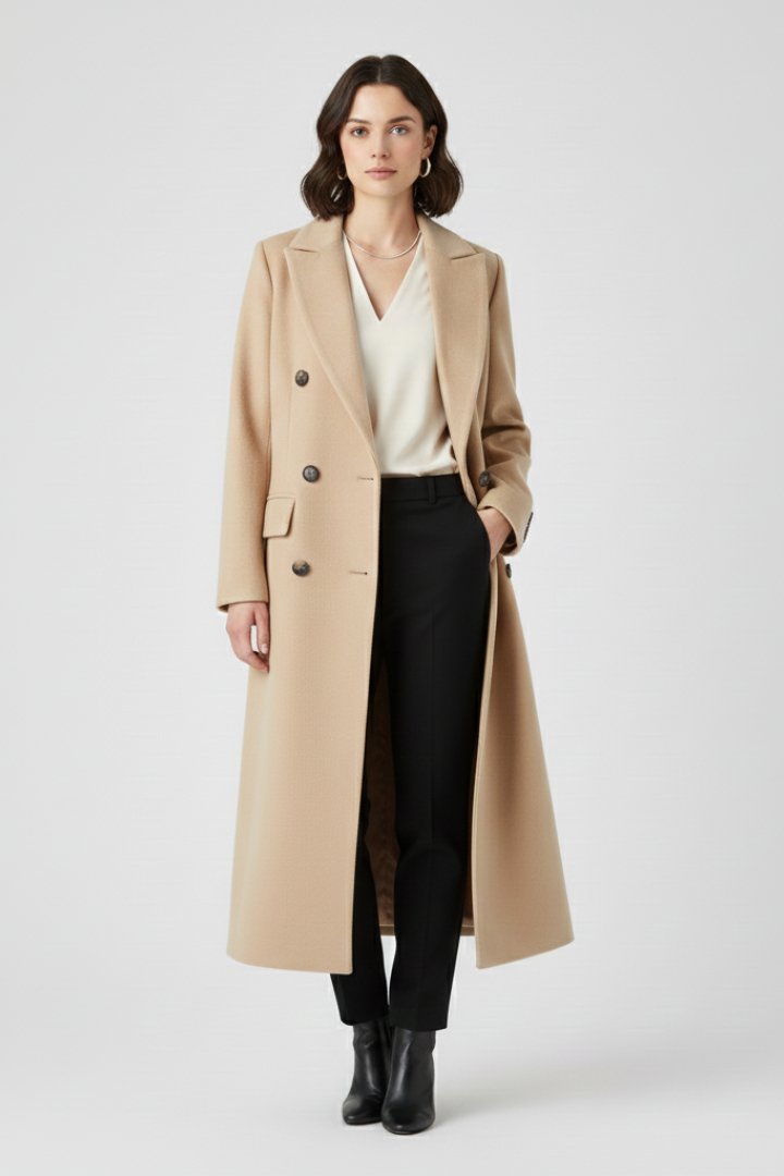 Sophisticated women's long lapel coat for stylish fall fashion and warmth.