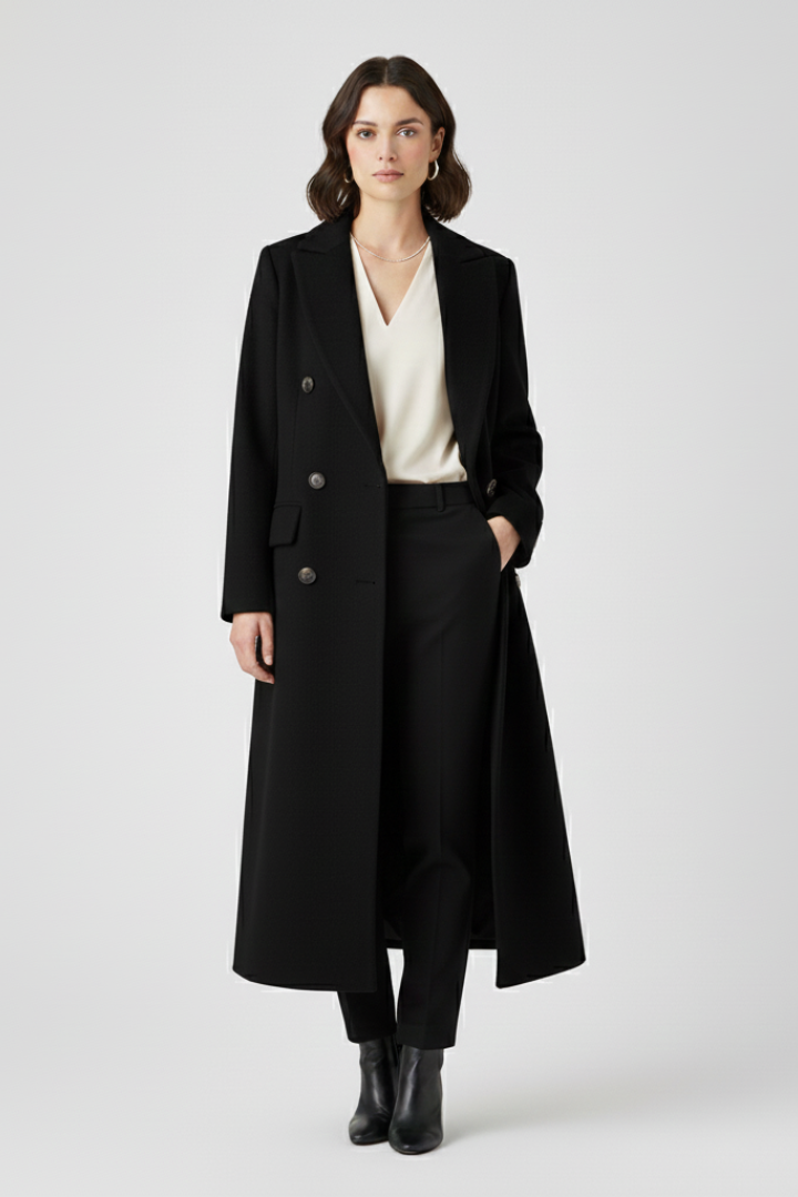 Modern women's chic lapel coat, perfect elegant outerwear for cold weather.