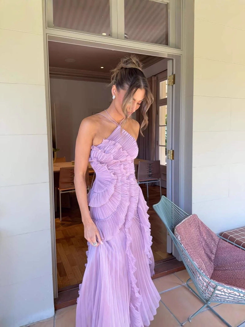 Sleeveless lilac ruffled party dress for women, elegant Serephina style, perfect for summer.