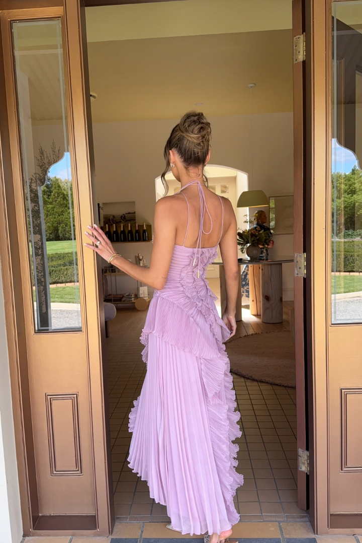 Women's elegant lilac ruffled dress, Serephina flowy style, ideal for summer parties & occasions.