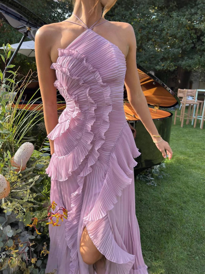 Elegant lilac sleeveless ruffled dress, Serephina flowy design for women, ideal for special occasions.