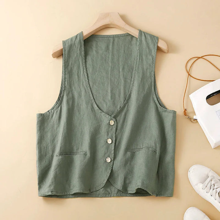 Elegant women's linen blend vest top with v-neck and button details, perfect for versatile fashion.