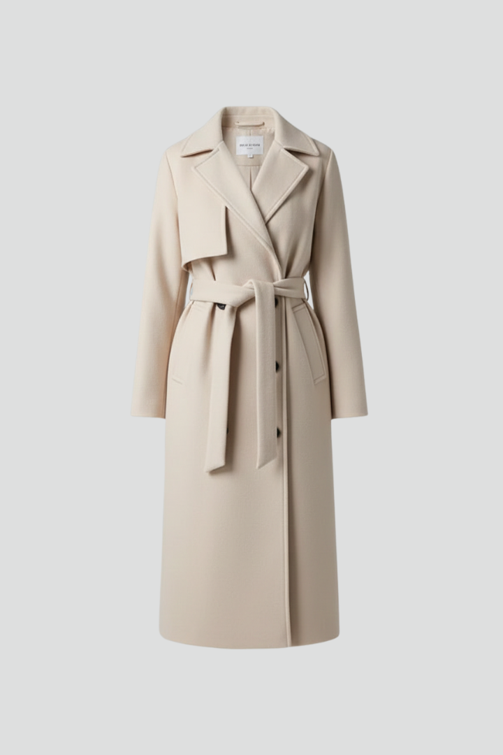 Elegant women's long double-breasted coat with a flattering belt. Perfect for autumn & winter outerwear.