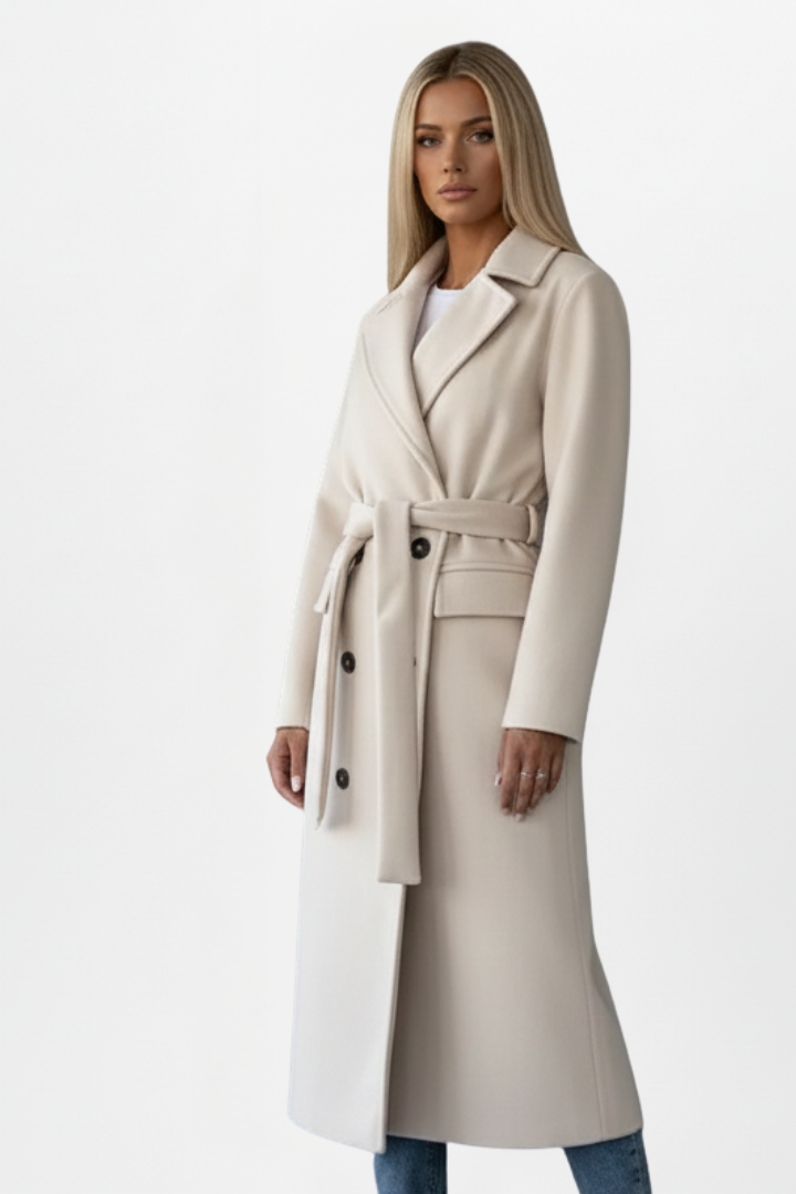 Chic women's double-breasted long coat with adjustable belt. Versatile autumn/winter fashion staple.