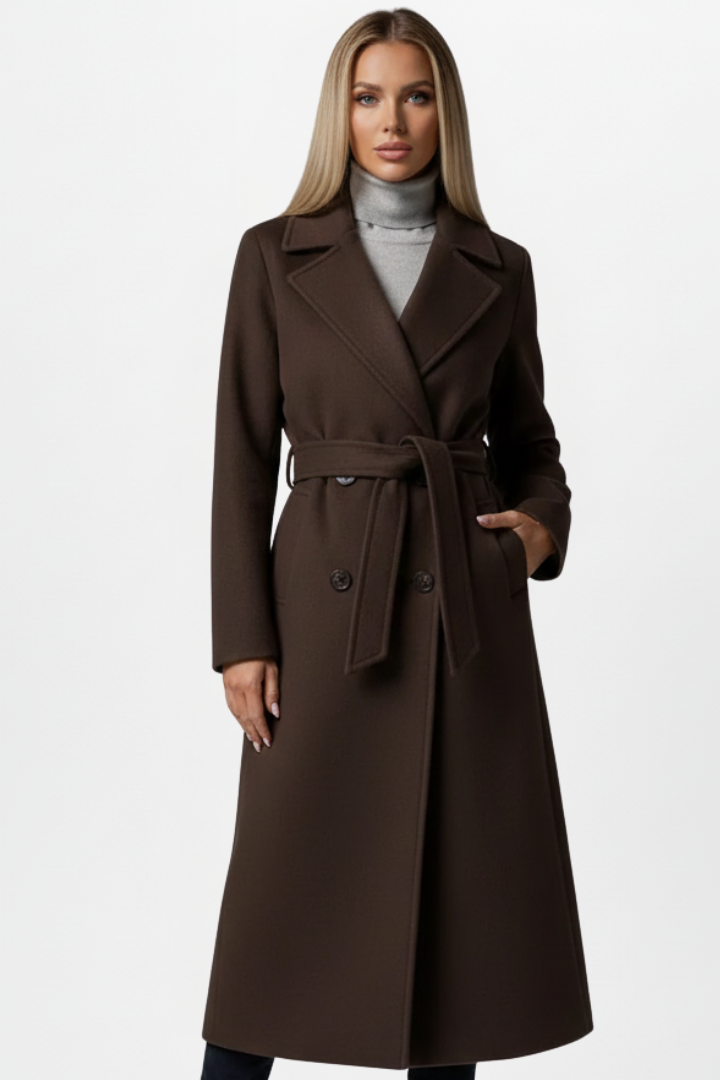 Women's sleek long double-breasted coat, featuring a stylish belt. Perfect for chic autumn layering.