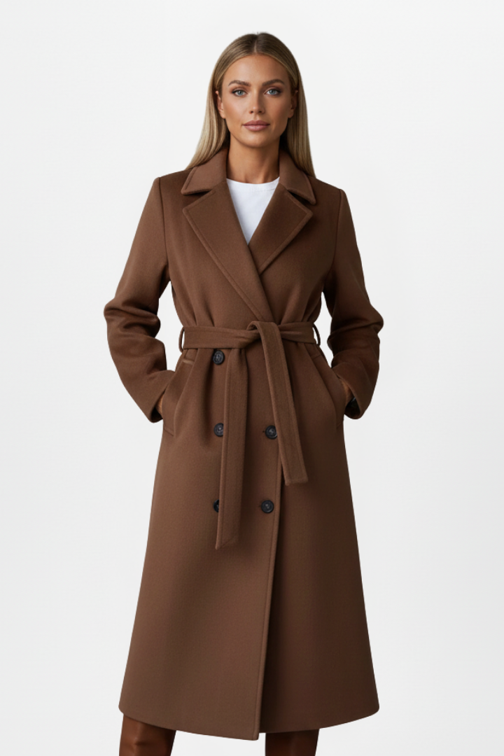 Flattering women's long double-breasted coat with a cinched waist belt. Classic design, versatile for any look.