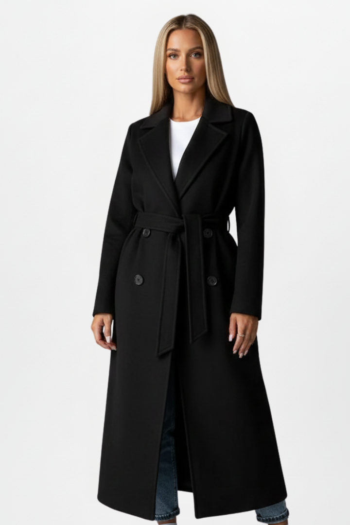 Premium women's long belted double-breasted coat. Elegant and warm outerwear for autumn & winter style.