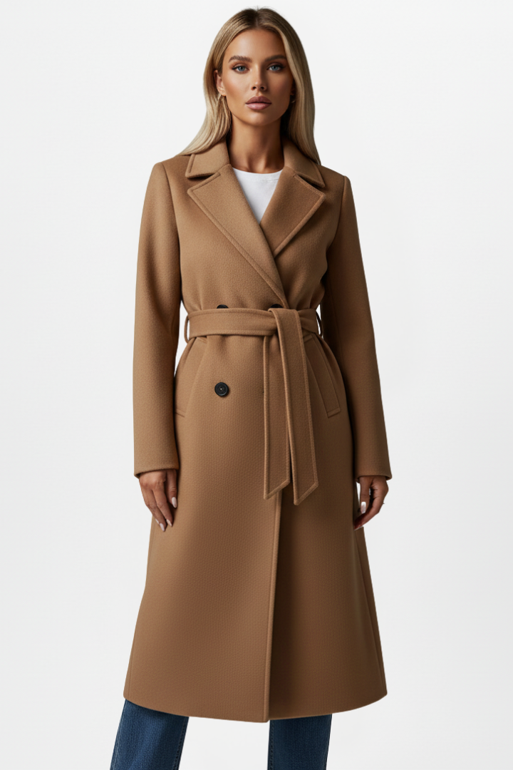 Modern classic women's long coat, double-breasted, with a sophisticated belted silhouette. Winter fashion.