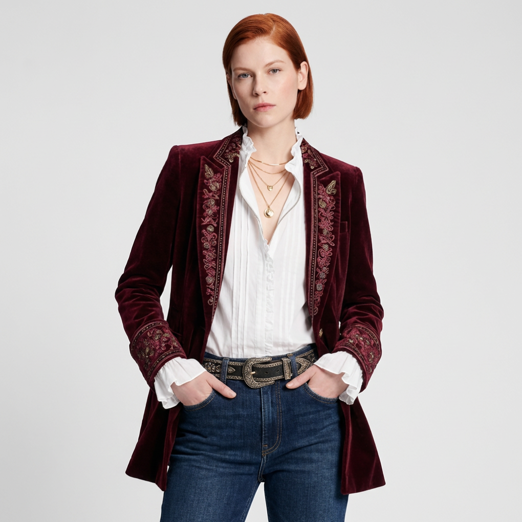 Elegant women's long embroidered blazer jacket, perfect for sophisticated style & formal occasions.