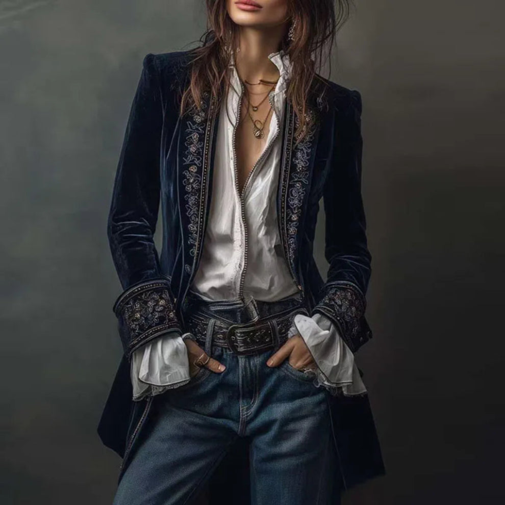 Sophisticated women's long embroidered blazer with lapel collar, ideal for smart casual or formal wear.