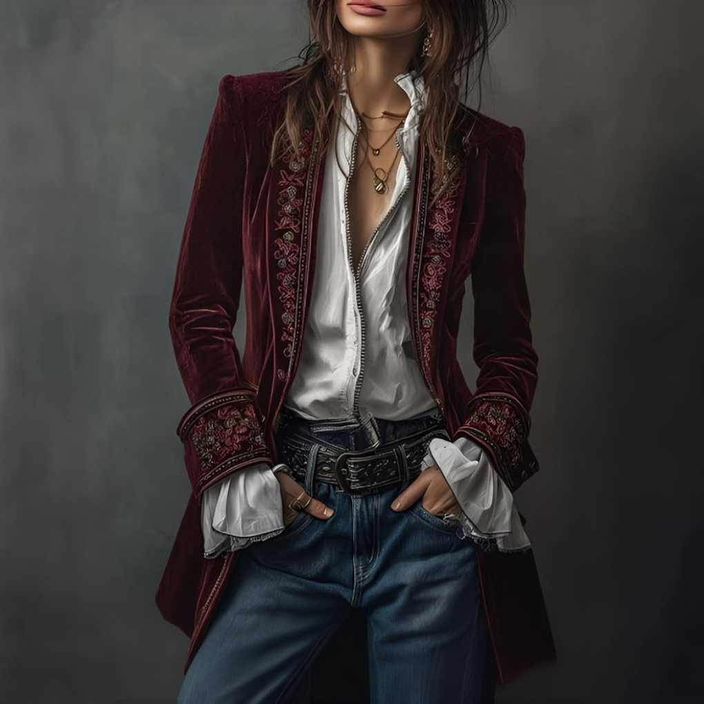 Vintage-inspired women's long embroidered blazer jacket, a designer-inspired statement piece for fashion.