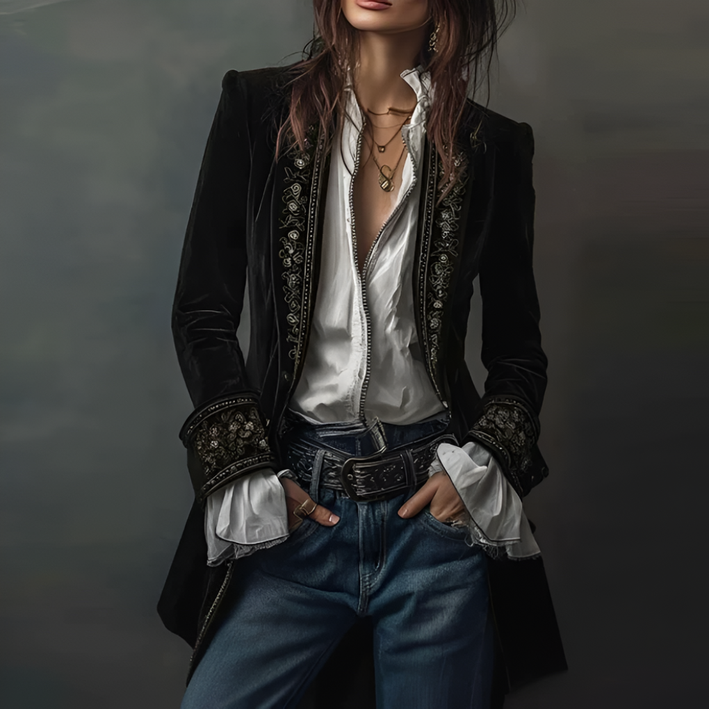 Women's elegant embroidered long blazer jacket with full sleeves & lapel collar, sophisticated outerwear.