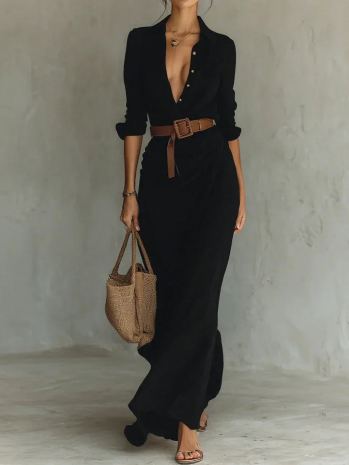 Versatile women's long sleeve maxi dress with a flattering belt and elegant V-neck, ideal for fall.