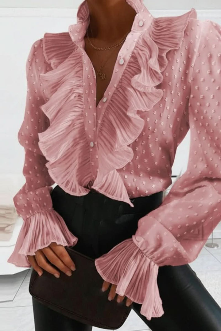 Chic women's ruffle long sleeve blouse, ideal for professional office attire & comfortable daily fashion.