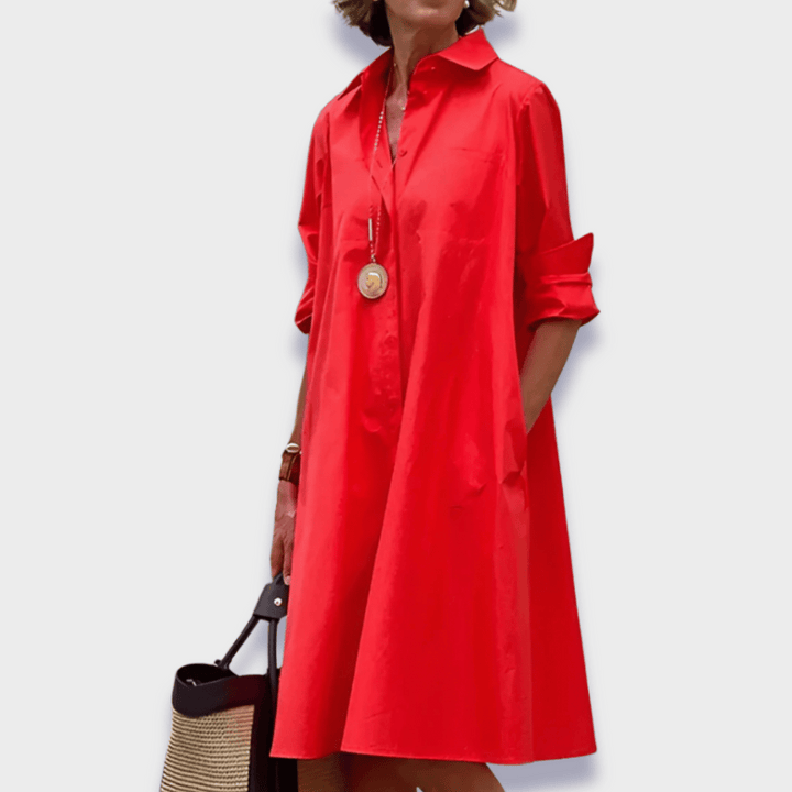Elegant women's long sleeve polo midi dress with collar. Perfect for a chic casual or day look.