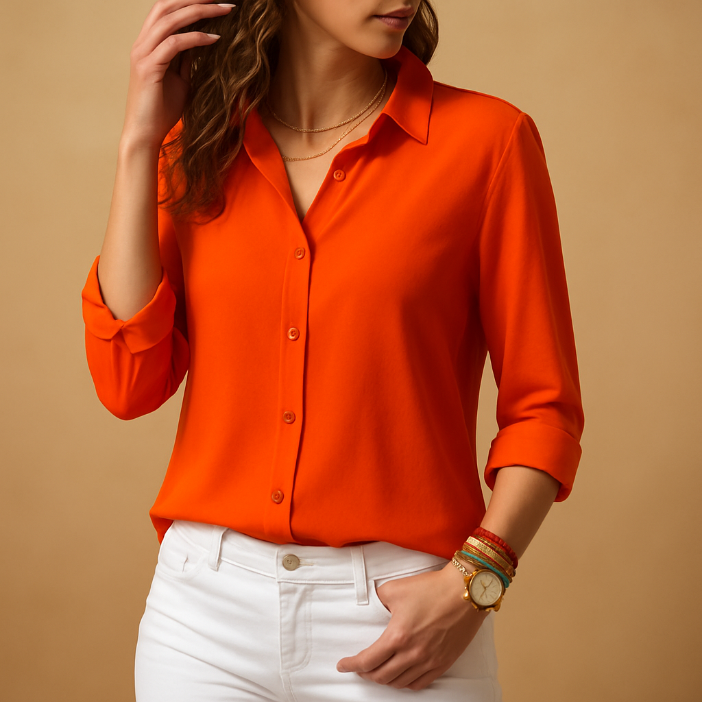 Elegant long sleeve V-neck blouse for women, a sophisticated top blending office wear with casual chic.