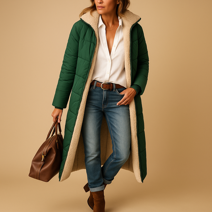 Long women's winter fashion coat, elegant & warm. Perfect stylish outerwear for fall, travel, or daily wear.