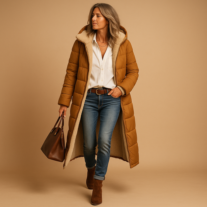 Cozy women's long winter jacket for cold weather. Warm, elegant outerwear, ideal for daily wear & travel.