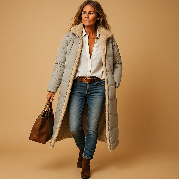 Stylish women's long winter coat, elegant & warm. Versatile outerwear for office, fall fashion, or daily wear.