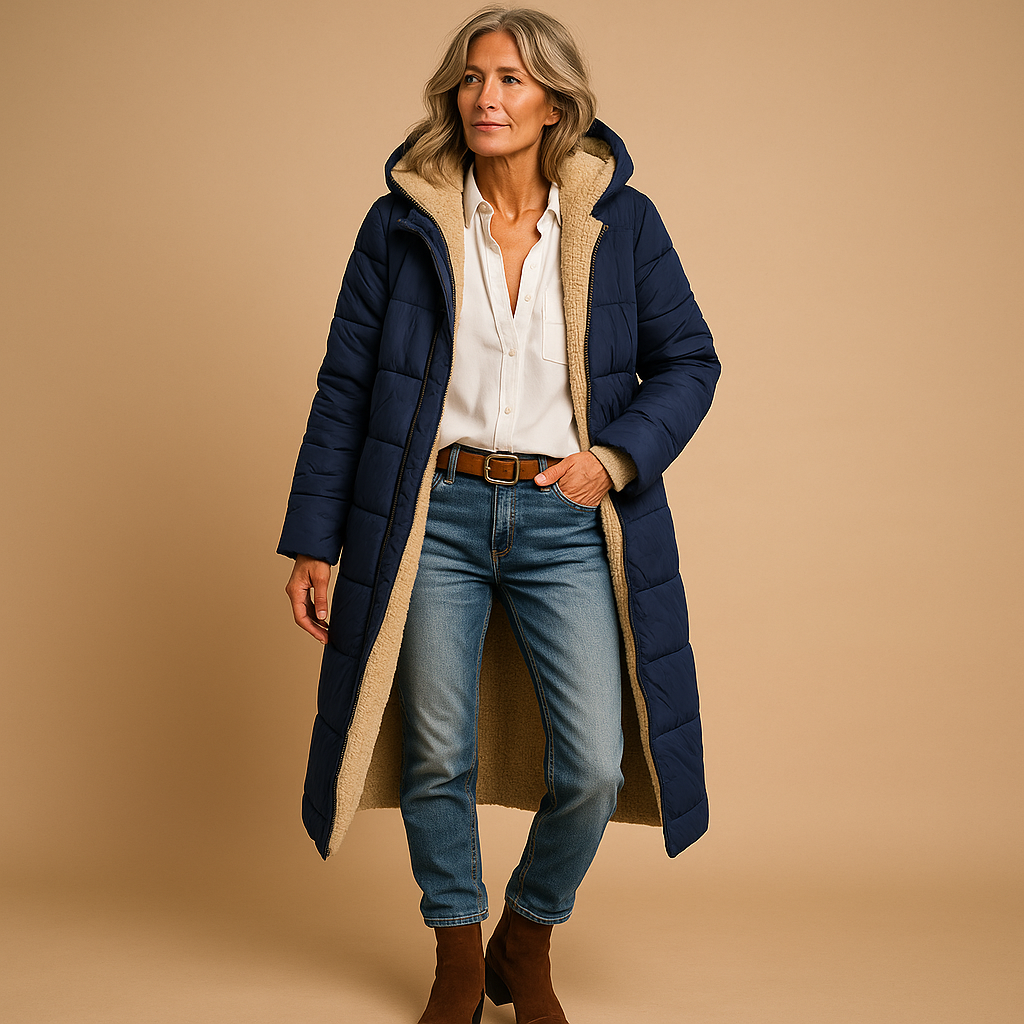 Elegant women's long winter coat with tailored fit. Warm, stylish outerwear for cold weather & office.