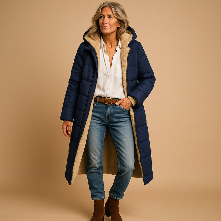 Elegant women's long winter coat with tailored fit. Warm, stylish outerwear for cold weather & office.