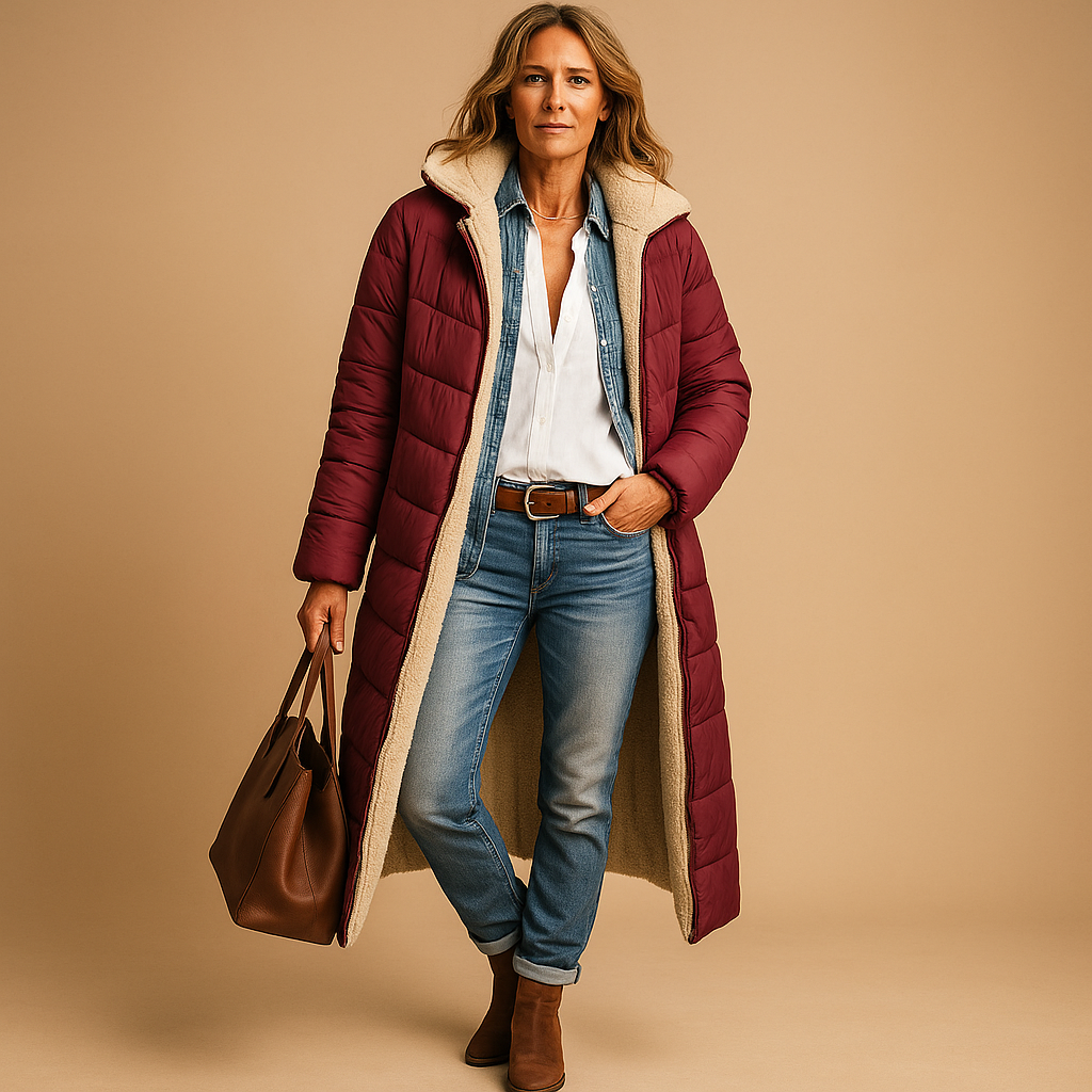 Warm women's long winter coat, elegant & cozy outerwear. Ideal cold weather jacket for women's fashion & travel.