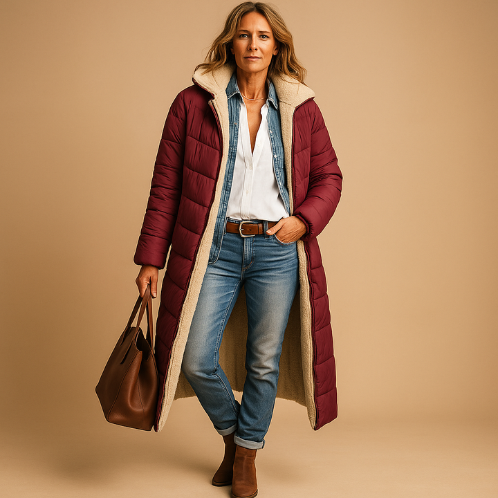 Warm women's long winter coat, elegant & cozy outerwear. Ideal cold weather jacket for women's fashion & travel.