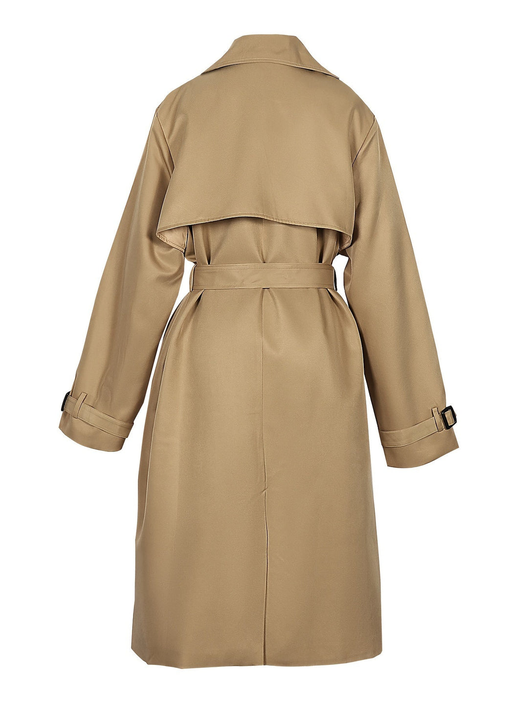 Sophisticated women's black double-breasted trench coat, ideal for office wear and elegant outfitting.
