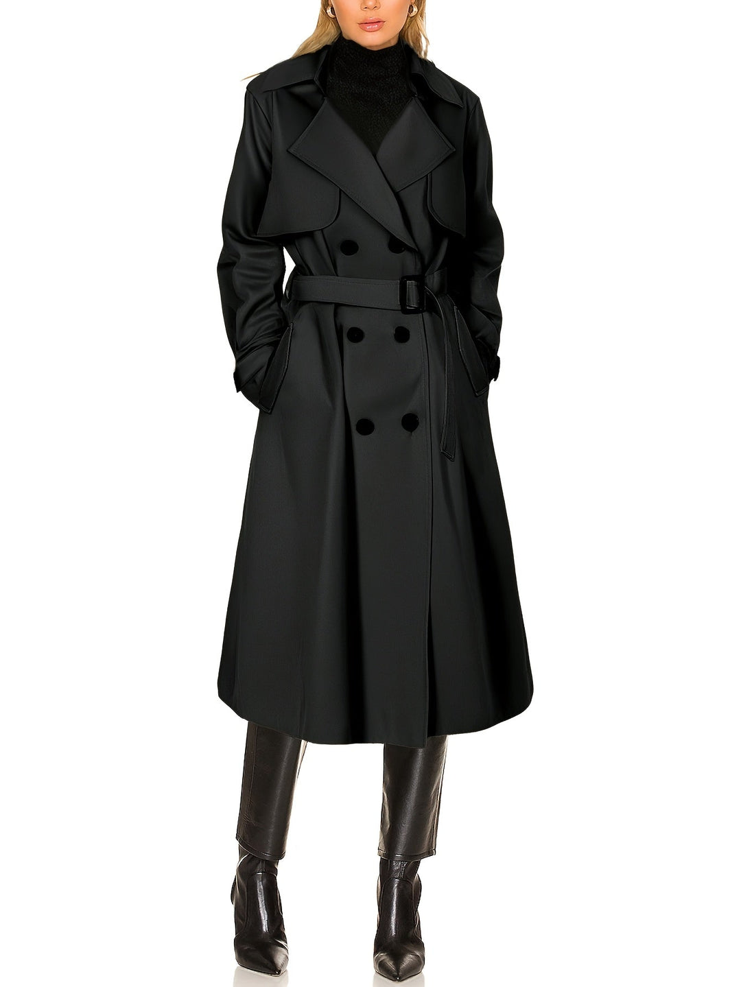 Black elegant longline trench coat, offering a timeless and fashionable choice for women's wear.