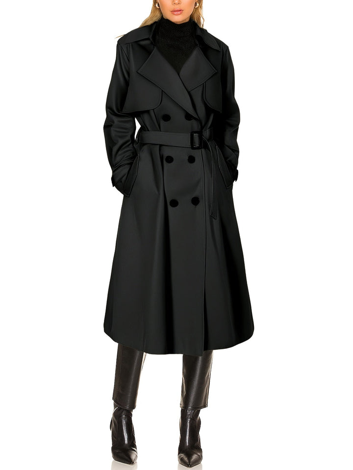 Black elegant longline trench coat, offering a timeless and fashionable choice for women's wear.