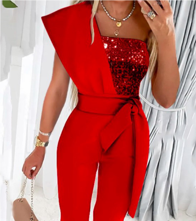 Elegant women's luxury jumpsuit for special occasions & evening wear. Available in black, blue, red, & gold.