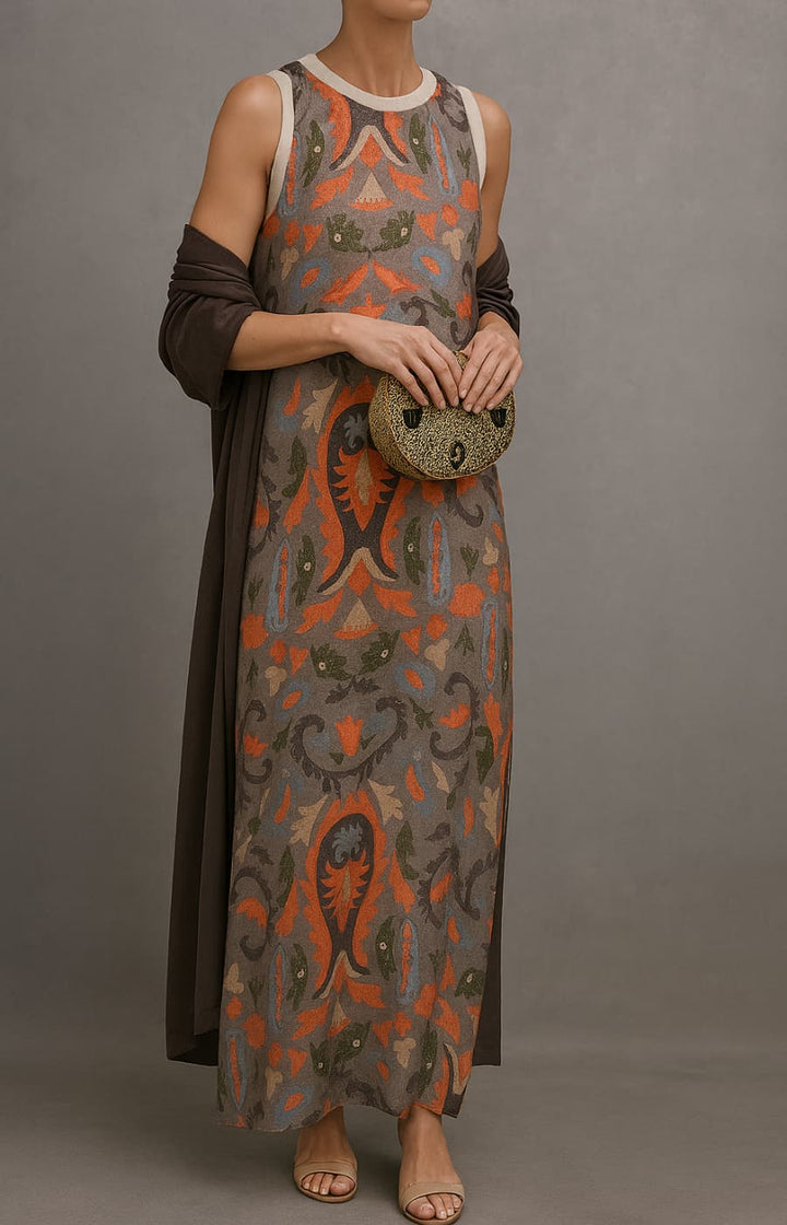 Modern women's matching two-piece maxi dress set & open front coat. Elegant spring/summer fashion, versatile sleeveless design.
