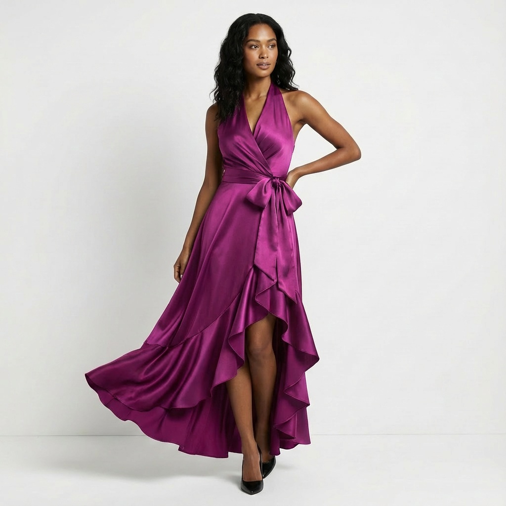 Elegant women's maxi wedding guest dress with a flattering tie-waist. Perfect formal evening wear.