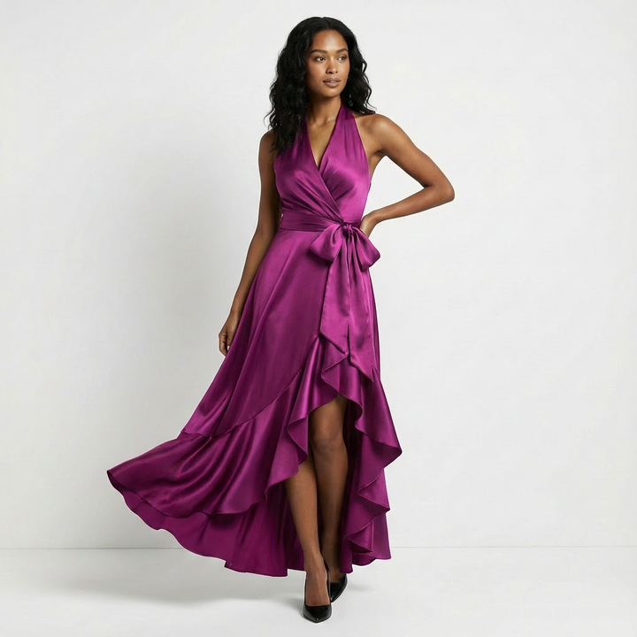 Elegant women's maxi wedding guest dress with a flattering tie-waist. Perfect formal evening wear.