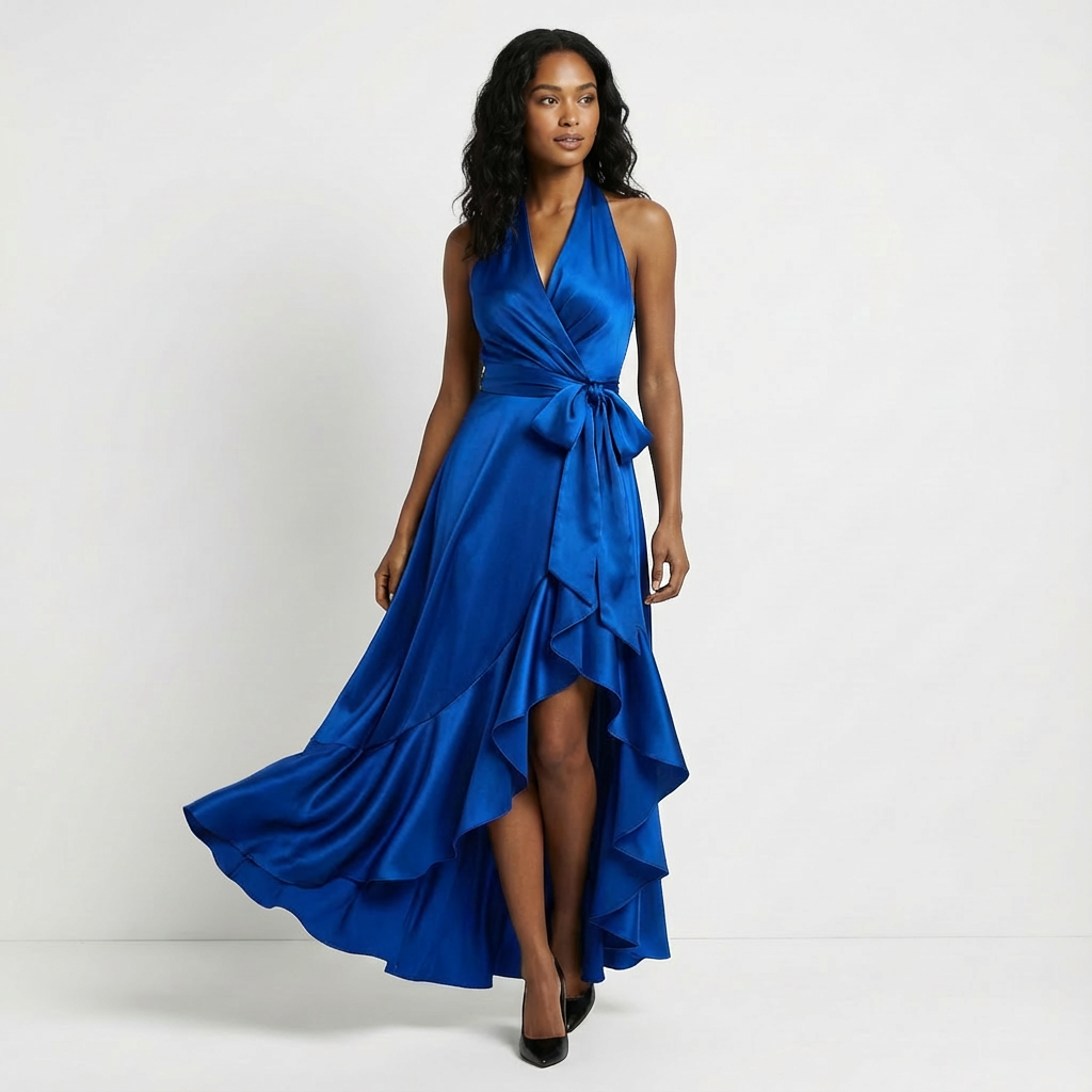 Stylish women's wedding guest maxi dress featuring a chic tie-waist for a flattering silhouette.