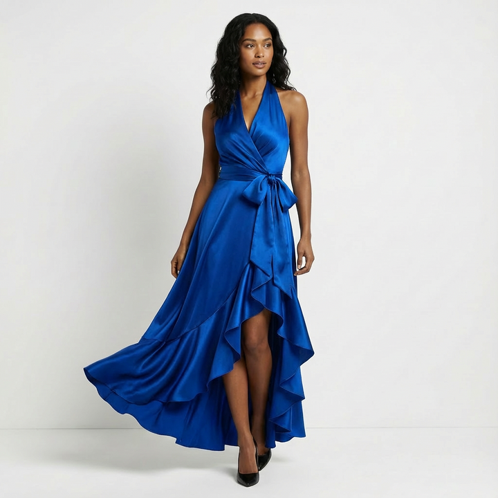 Stylish women's wedding guest maxi dress featuring a chic tie-waist for a flattering silhouette.